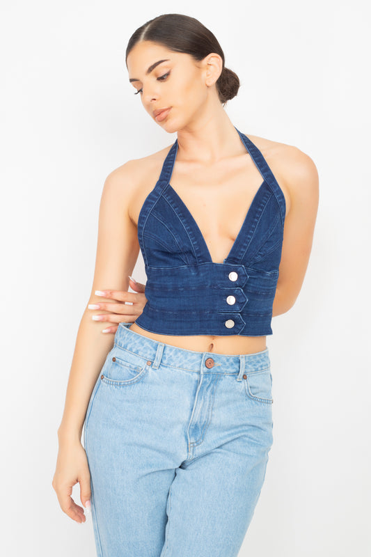 Denim Halter Neck Seamed Crop Top - https://www.luxenorstore.com