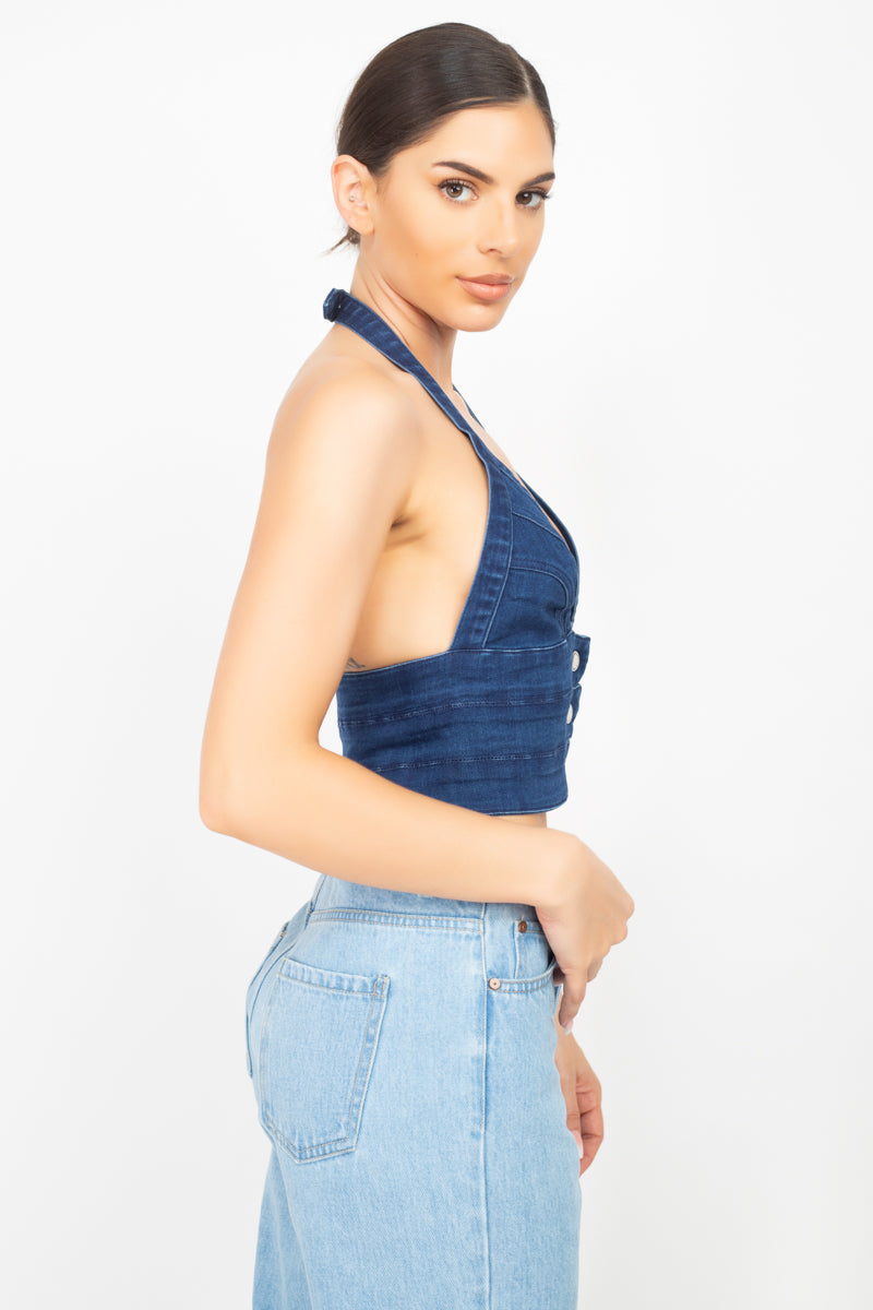 Denim Halter Neck Seamed Crop Top - https://www.luxenorstore.com