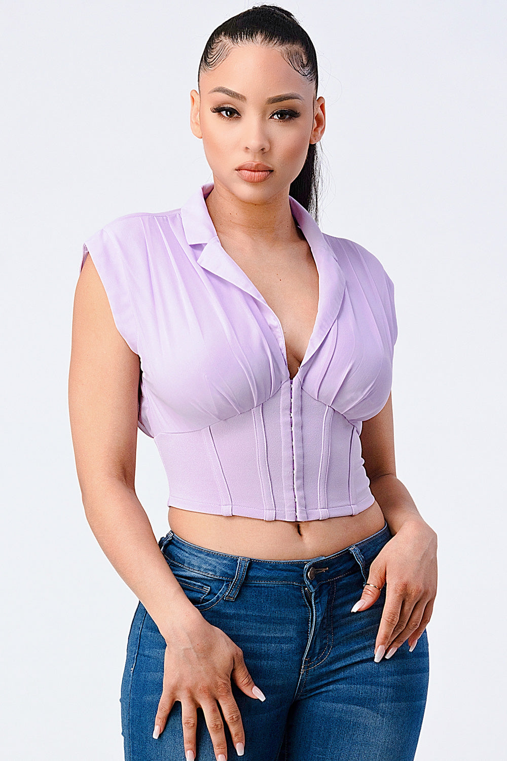 Luxe Collared V-neck Contrast Blouse Top - https://www.luxenorstore.com