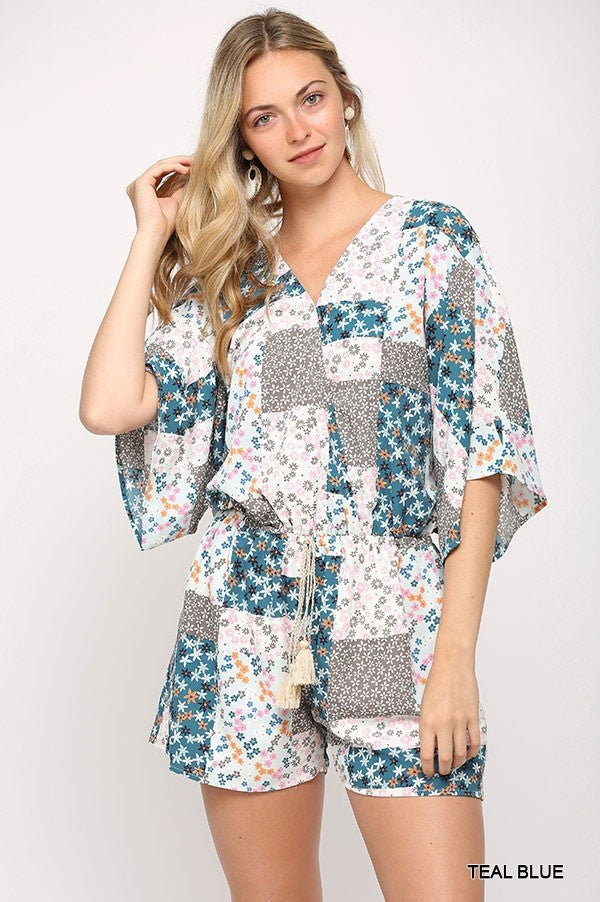 Patchwork Printed Surplice Romper With Waist Tassel Tie And Bottom Lining - https://www.luxenorstore.com