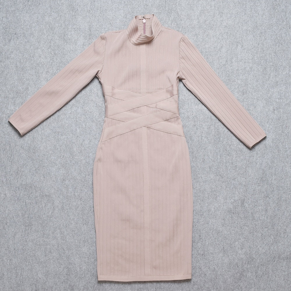 BEAUKEY Red  HL Bandage Dress 2020 Nude Turtleneck Long Sleeve Dress High Quality Ribbed Womens Midi Bodycon Dress Sexy Maxi XL - https://www.luxenorstore.com