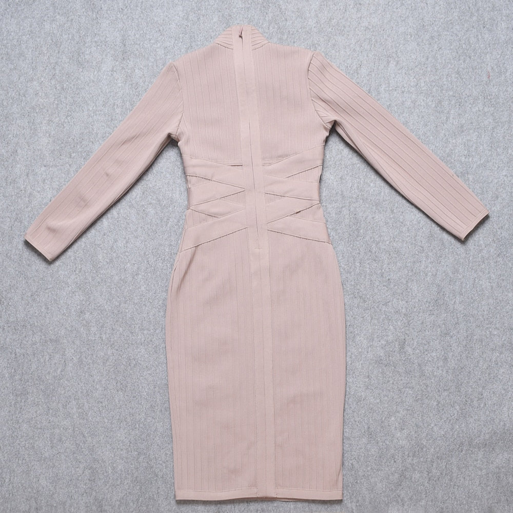 BEAUKEY Red  HL Bandage Dress 2020 Nude Turtleneck Long Sleeve Dress High Quality Ribbed Womens Midi Bodycon Dress Sexy Maxi XL - https://www.luxenorstore.com