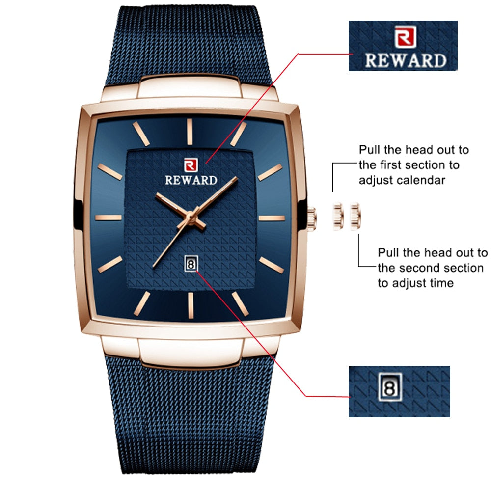 REWARD Fashion Blue Men's Watches 2022 New Top Luxury Brand Watch Men Business Waterproof Stainless Steel Quartz Wristwatch