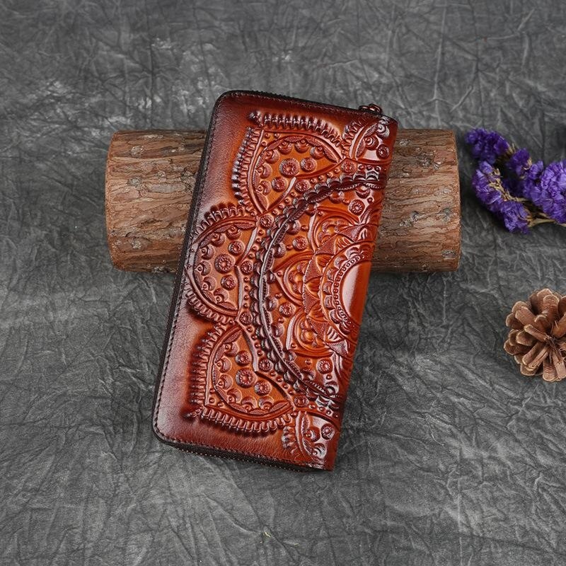 MOTAORA Retro Girl's Wallet Long Hand Bag Women's Leather Handmade Embossed Floral Phone Purse Chinses Style Ladies Card Holder