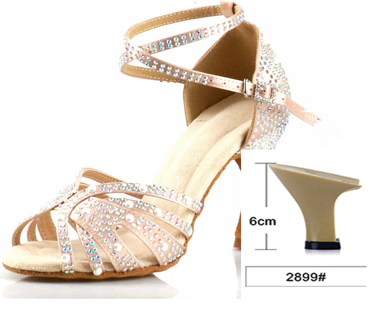 WUXIJIAO Women Latin Dance Shoes Rhinestones Soft Bottom Salsa Shoes For Dancing Ladies Sandals Women's Wedding Hight Heels 7.5C