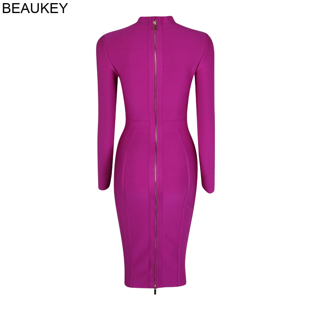 BEAUKEY Long Sleeve Knee Length Top Quality HL Bandage Dress Office Lady Bodycon Dress Color Black Wine Red Purple Plus Size XL - https://www.luxenorstore.com