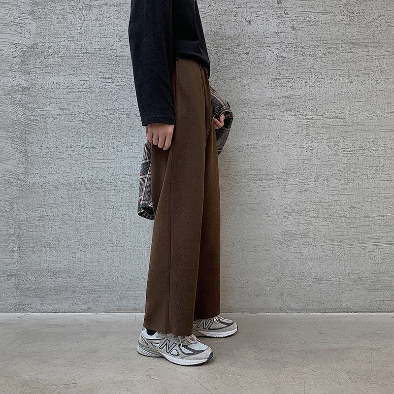 Winter Thick Woolen Pants Men's Warm Fashion Black Brown Casual Pants Men Korean Loose Straight-leg Pants Mens Trousers S-2XL
