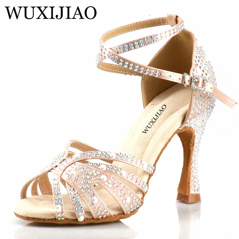 WUXIJIAO Women Latin Dance Shoes Rhinestones Soft Bottom Salsa Shoes For Dancing Ladies Sandals Women's Wedding Hight Heels 7.5C