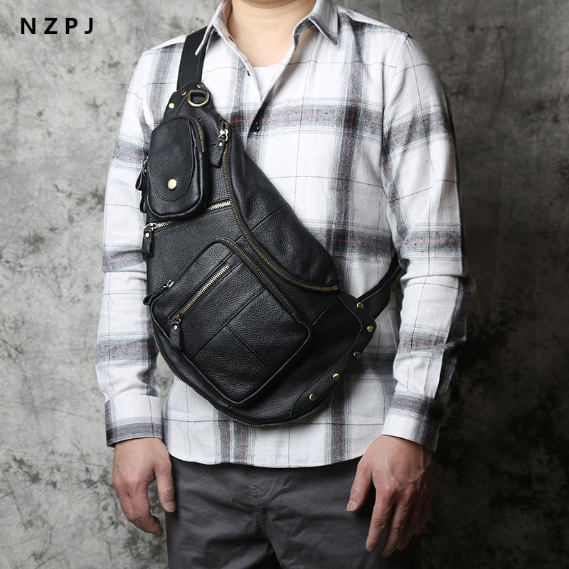 NZPJ Leather Men's Chest Bag Retro Top Layer Cowhide Casual Messenger Bag Korean Version Shoulder Bag Large-Capacity Sports Bag