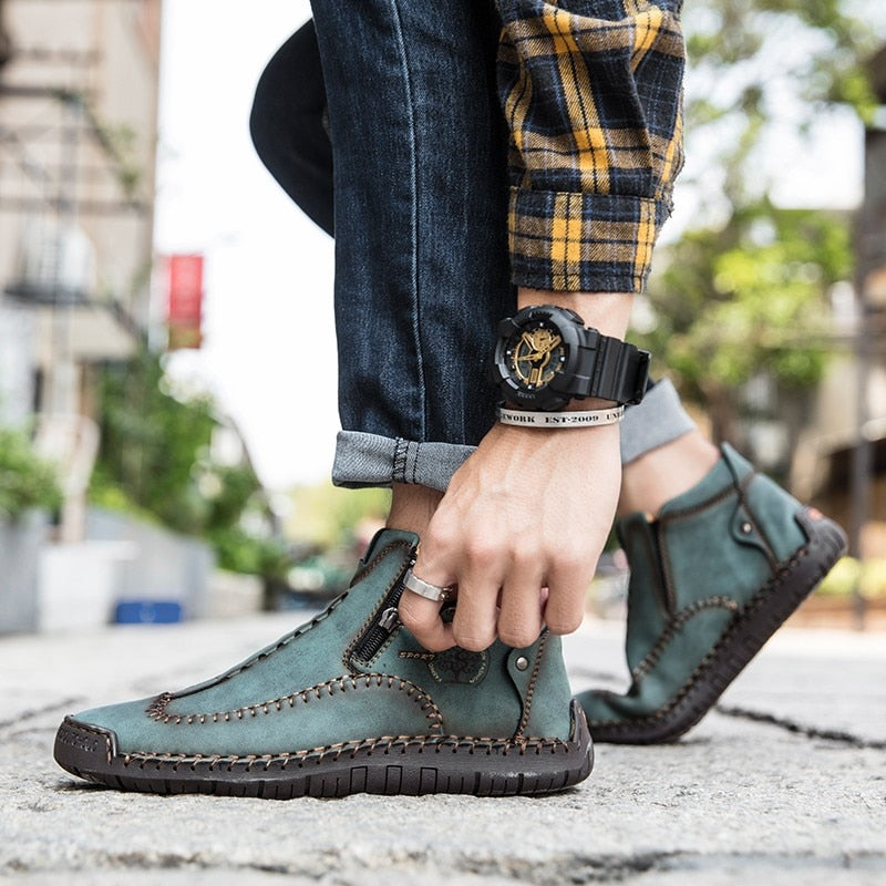 Spring Leather Men Short Boots Autumn Lace-up Flats Medium-top Shoes Outdoor Male Breathable Casual Shoes Handmade Men's Boots