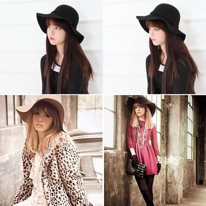 Women's Wide Brim Felt Bowler Faux Wool Fedora Hat Floppy Sun Bowknot Cloche Cap Bowlers Hat for Ladies gorros mujer invierno