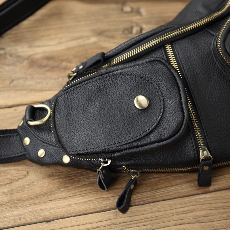 NZPJ Leather Men's Chest Bag Retro Top Layer Cowhide Casual Messenger Bag Korean Version Shoulder Bag Large-Capacity Sports Bag