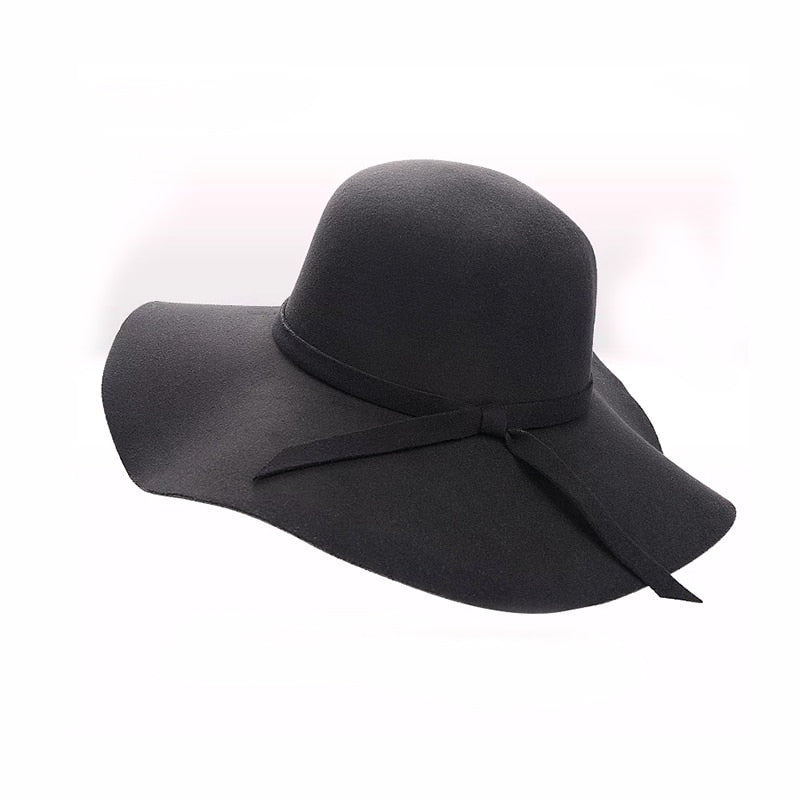 Women's Wide Brim Felt Bowler Faux Wool Fedora Hat Floppy Sun Bowknot Cloche Cap Bowlers Hat for Ladies gorros mujer invierno