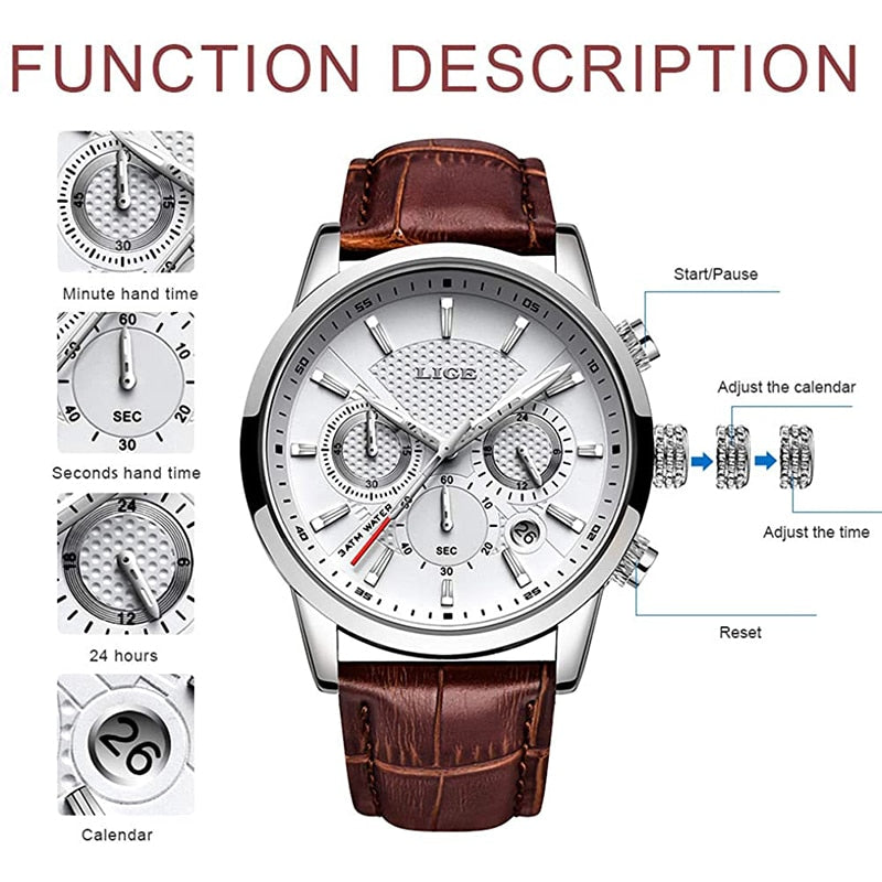 Watches Mens 2022 LIGE Top Brand Luxury Casual Leather Quartz Men's Watch Business Clock Male Sport Waterproof Date Chronograph