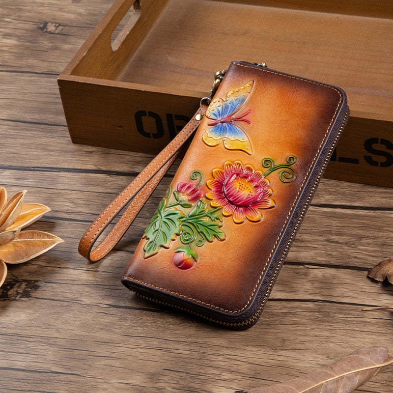 MOTAORA Women's Retro Wallet Genuine Leather Vintage Purse Women Chinese Style Embossed Card Holder Ladies Casual Female Clutch