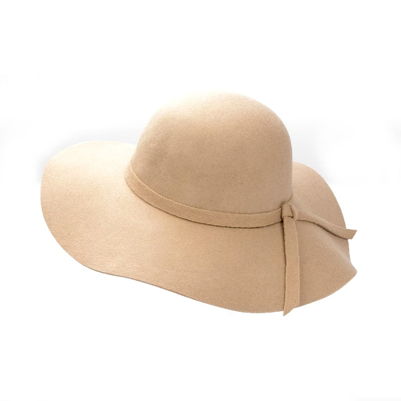 Women's Wide Brim Felt Bowler Faux Wool Fedora Hat Floppy Sun Bowknot Cloche Cap Bowlers Hat for Ladies gorros mujer invierno