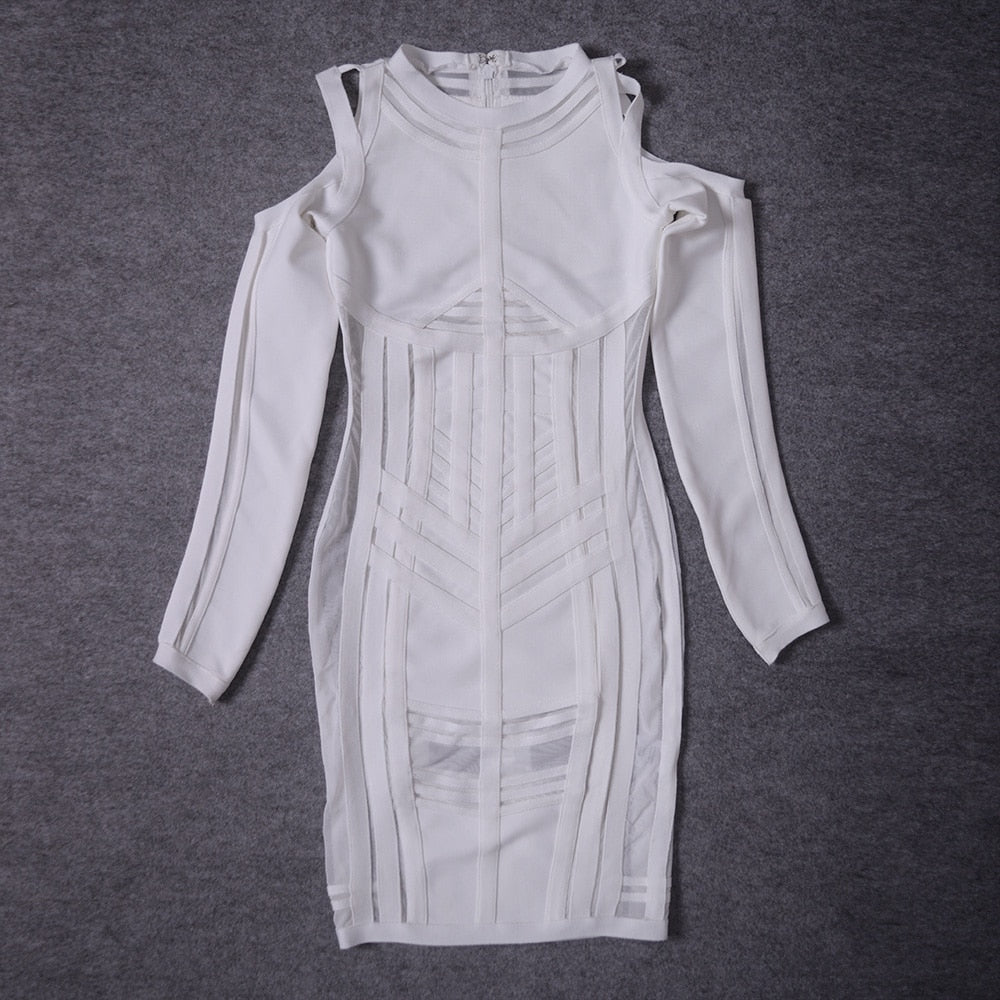 BEAUKEY Sexy Women Long Sleeve HL Bandage  Dress Bodycon Hollow Out Mesh Runway Dress See Through Party Club Vestido Maxi XL - https://www.luxenorstore.com