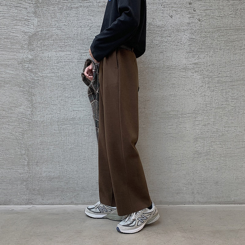 Winter Thick Woolen Pants Men's Warm Fashion Black Brown Casual Pants Men Korean Loose Straight-leg Pants Mens Trousers S-2XL