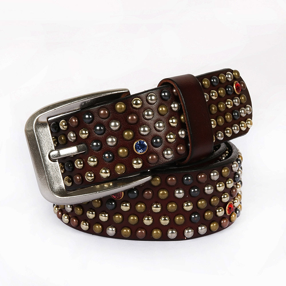 RAINIE SEAN Real Leather Belt Men Rivet Pin Buckle Belts Brown Italian Genuine Leather Cowhide Diamond High Quality Male Belt