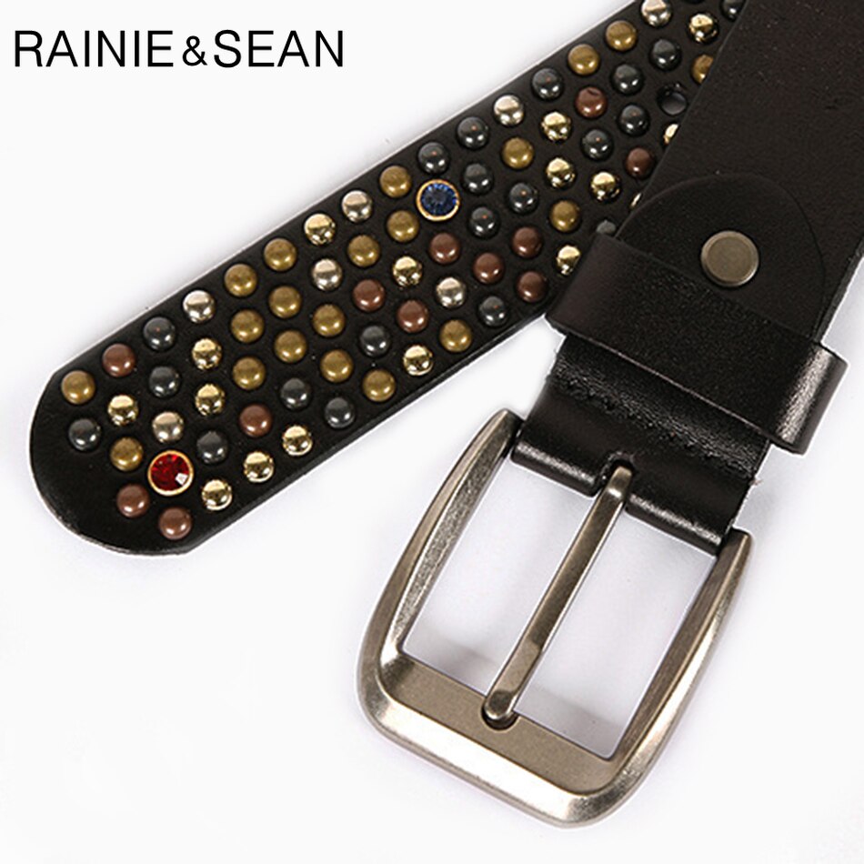 RAINIE SEAN Real Leather Belt Men Rivet Pin Buckle Belts Brown Italian Genuine Leather Cowhide Diamond High Quality Male Belt