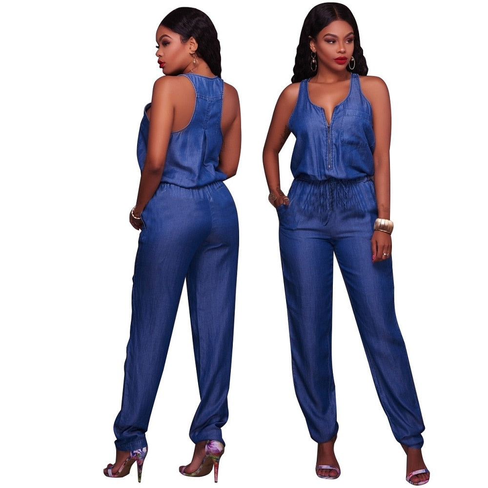 Sleeveless denim jumpsuit Loose playsuit jeans bodysuit Women