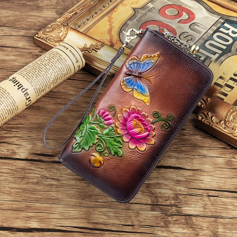 MOTAORA Women's Retro Wallet Genuine Leather Vintage Purse Women Chinese Style Embossed Card Holder Ladies Casual Female Clutch