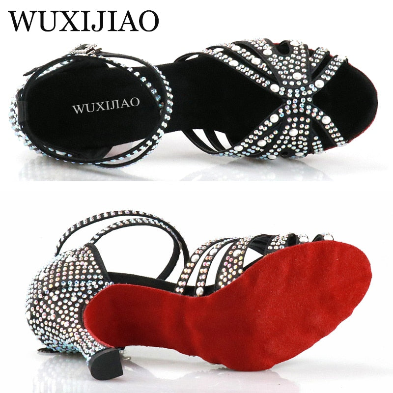 WUXIJIAO Women Latin Dance Shoes Rhinestones Soft Bottom Salsa Shoes For Dancing Ladies Sandals Women's Wedding Hight Heels 7.5C