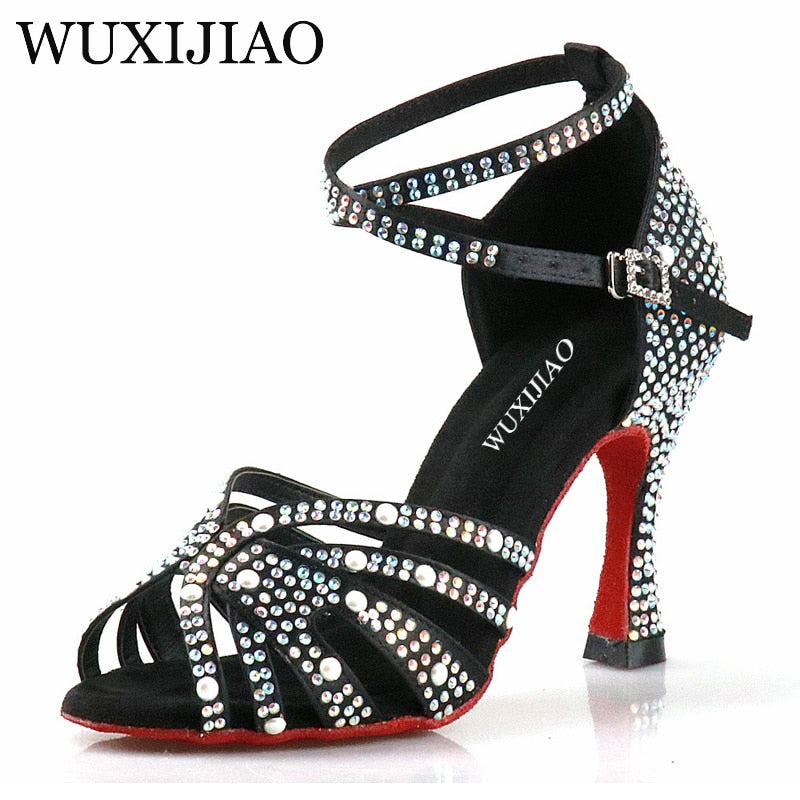 WUXIJIAO Women Latin Dance Shoes Rhinestones Soft Bottom Salsa Shoes For Dancing Ladies Sandals Women's Wedding Hight Heels 7.5C
