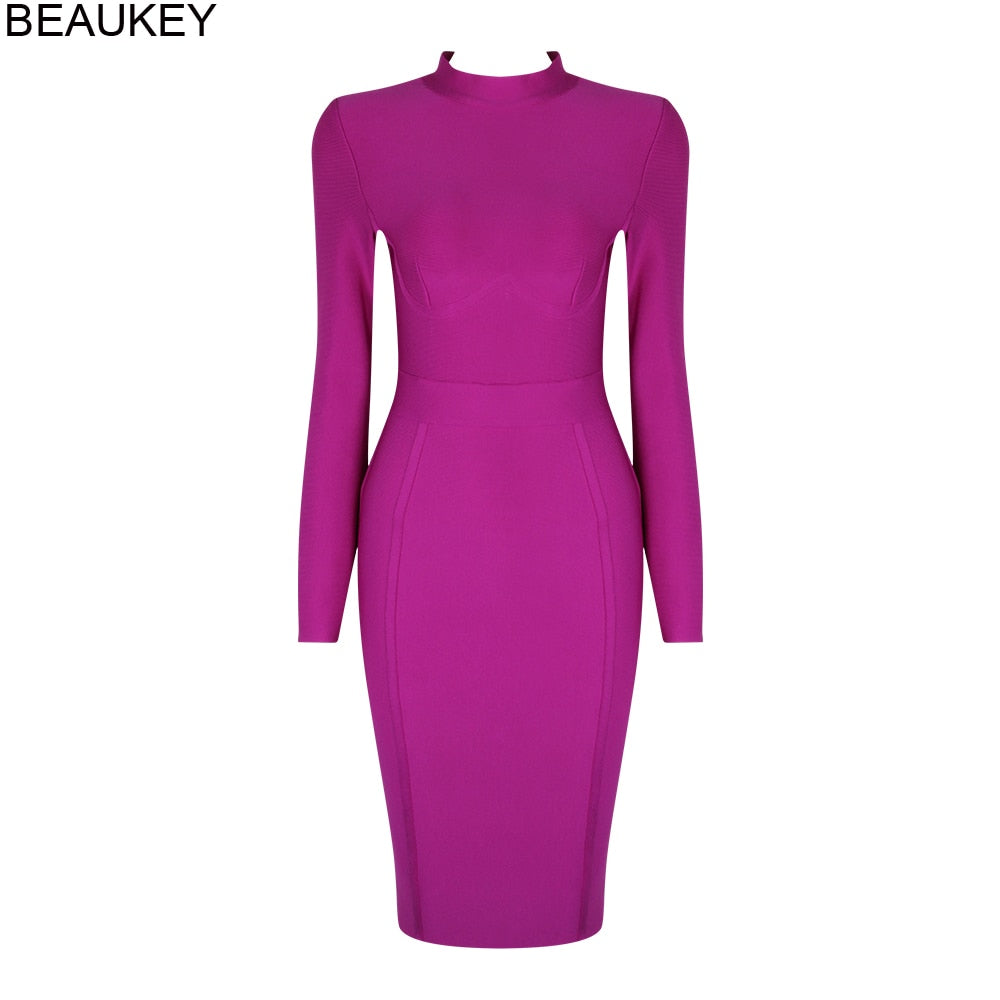 BEAUKEY Long Sleeve Knee Length Top Quality HL Bandage Dress Office Lady Bodycon Dress Color Black Wine Red Purple Plus Size XL - https://www.luxenorstore.com