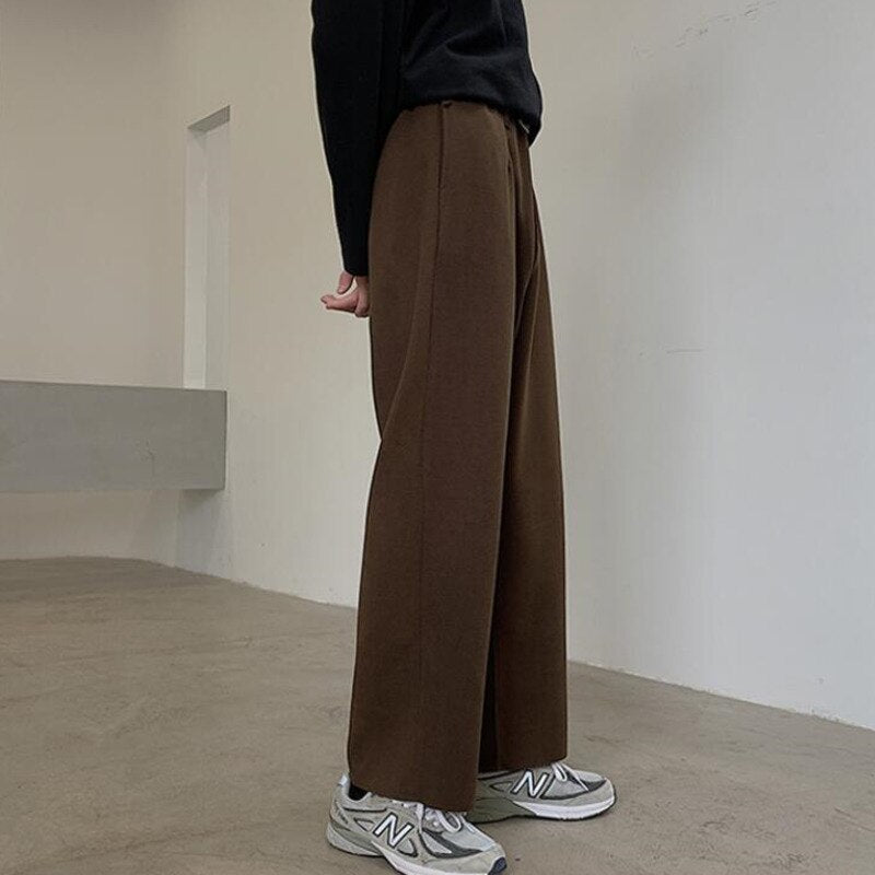 Winter Thick Woolen Pants Men's Warm Fashion Black Brown Casual Pants Men Korean Loose Straight-leg Pants Mens Trousers S-2XL