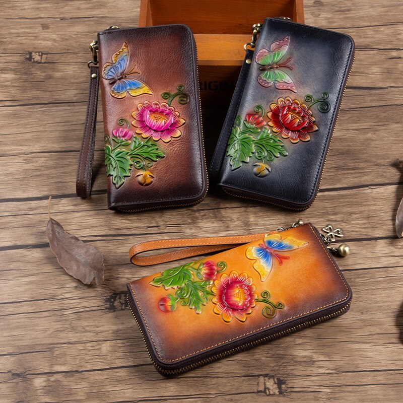 MOTAORA Women's Retro Wallet Genuine Leather Vintage Purse Women Chinese Style Embossed Card Holder Ladies Casual Female Clutch