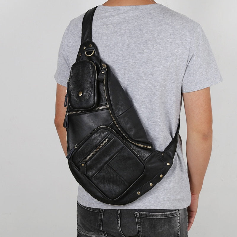 NZPJ Leather Men's Chest Bag Retro Top Layer Cowhide Casual Messenger Bag Korean Version Shoulder Bag Large-Capacity Sports Bag
