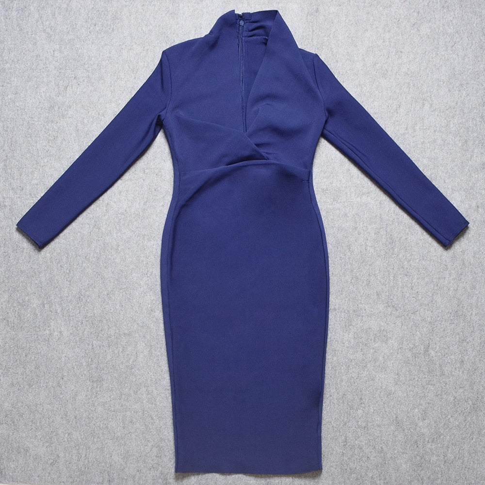 BEAUKEY Winter Long Sleeve HL Bandage Dress Deep V Neck Sexy Women Bodycon Dress Loyal Blue Knee Length Maxi XL Cheap Vestido - https://www.luxenorstore.com