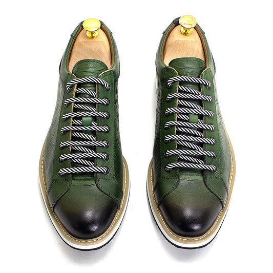 European Style Men's Casual Shoes Real Cow Leather Green Black Fashion Designer Luxury Crocodile Print Street Flat Shoes for Men