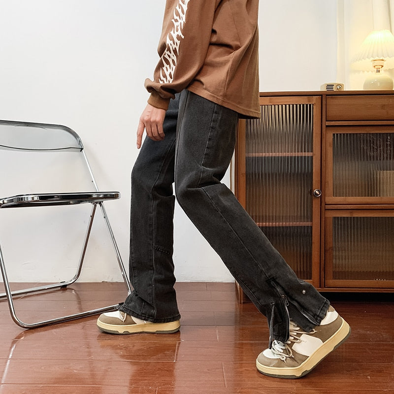 ins dark series washed and distressed raw edge jeans men's streetwear hip-hop stitching flared pants patchwork jeans