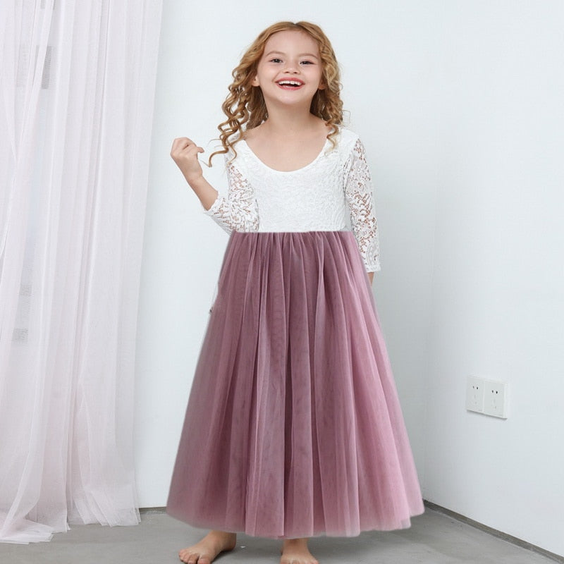 Princess Dress for Girls Ankle Length Wedding Party Dress Eyelash Back White Lace Beach Dress Children Clothing E15177 - https://www.luxenorstore.com