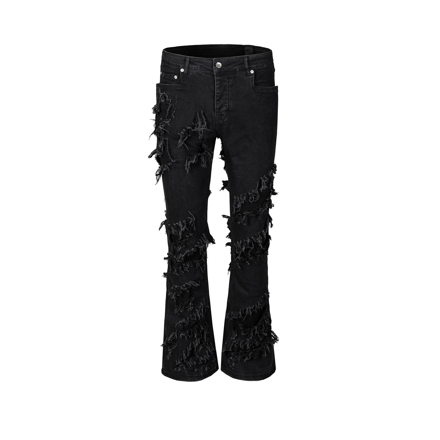 ins dark series washed and distressed raw edge jeans men's streetwear hip-hop stitching flared pants patchwork jeans