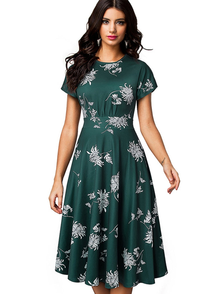 Nice-forever Vintage Elegant Floral Print Pleated Round neck vestidos A-Line Pinup Business Party Women Flare Swing Dress A102