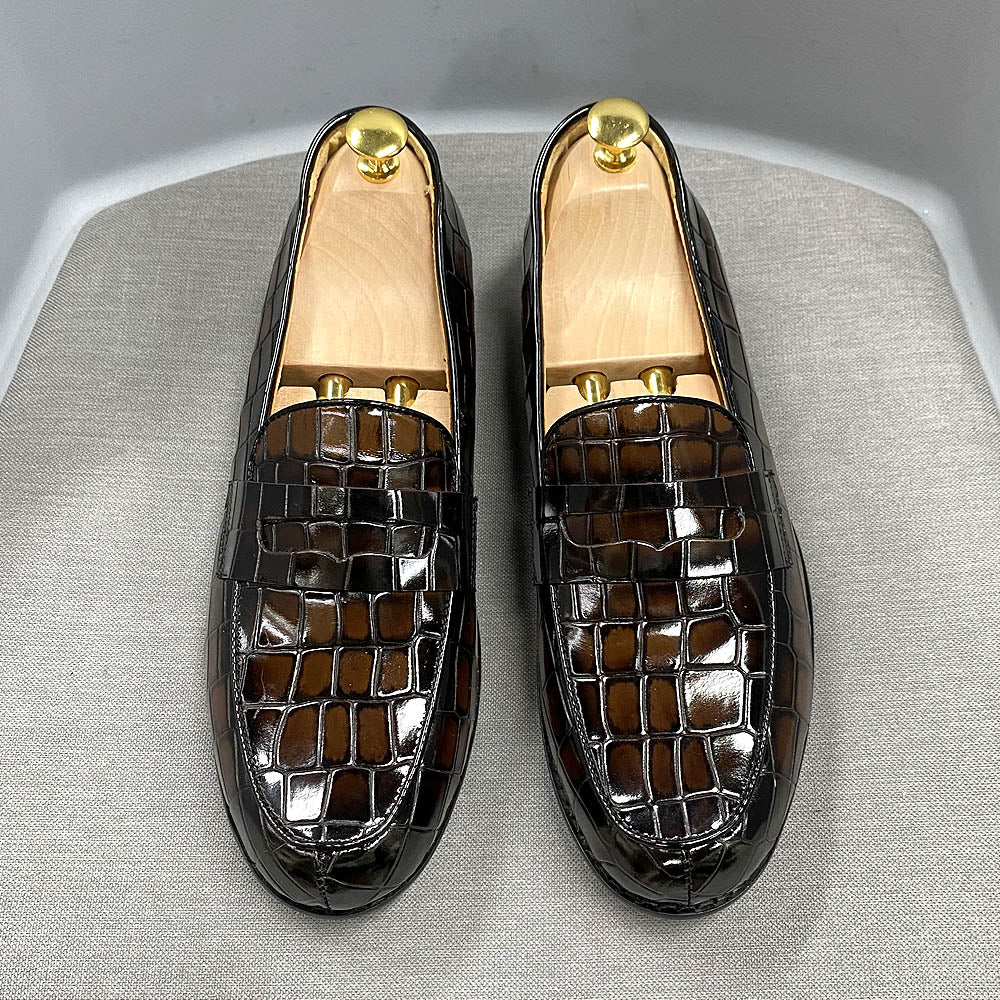 Brand Design Luxury Mens Penny Loafer Genuine Cow Leather Male Dress Shoes Round Toe Alligator Print Wedding Party Shoes for Men