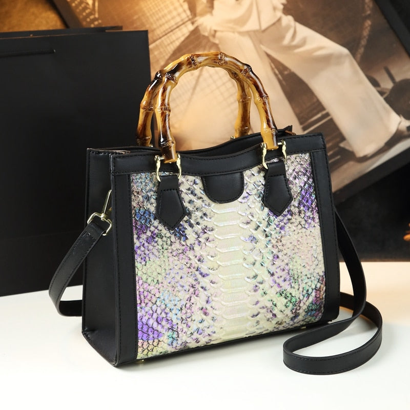 Brand Genuine Leather Bamboo Women's Bag Crocodile Pattern Ladies Handbag Portable Tote Bag Mom Tide Shoulder Messenger Bags
