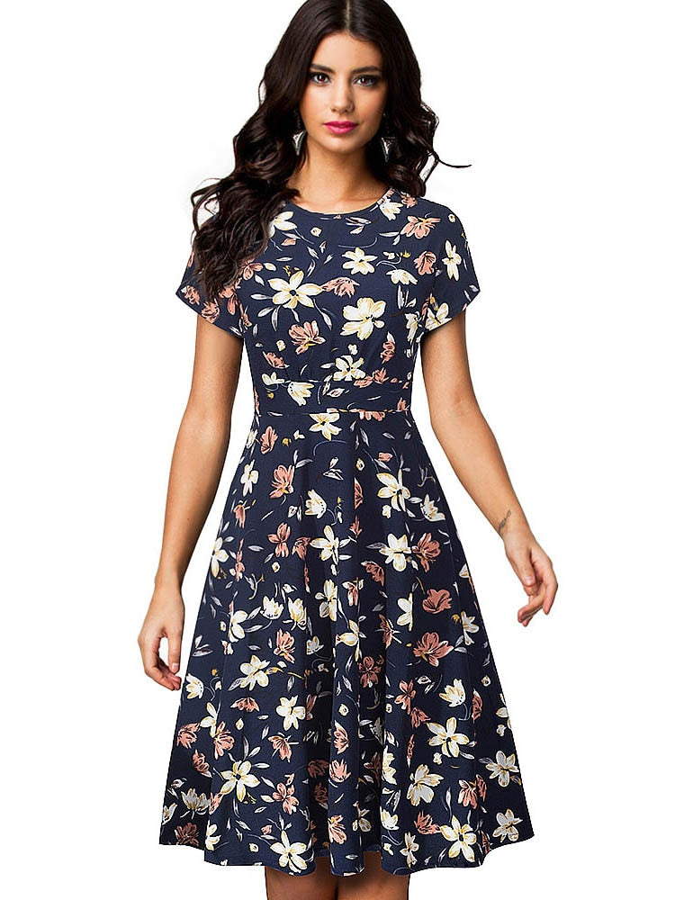 Nice-forever Vintage Elegant Floral Print Pleated Round neck vestidos A-Line Pinup Business Party Women Flare Swing Dress A102