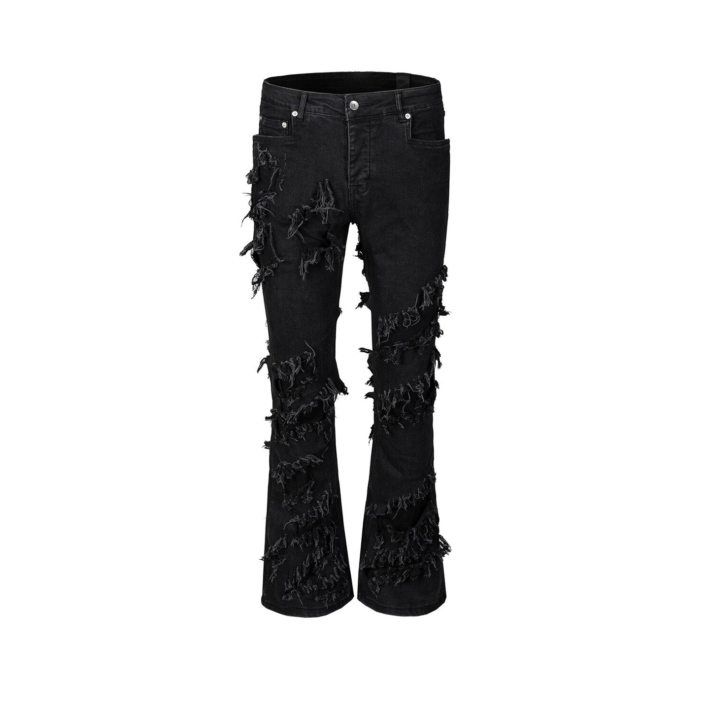 ins dark series washed and distressed raw edge jeans men's streetwear hip-hop stitching flared pants patchwork jeans