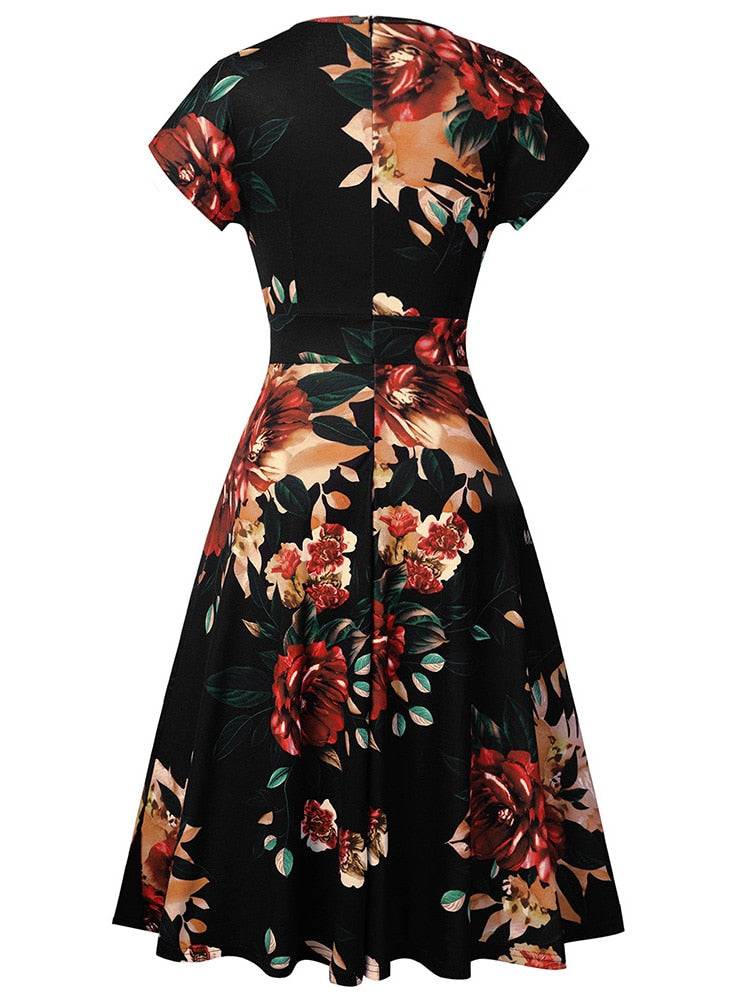 Nice-forever Vintage Elegant Floral Print Pleated Round neck vestidos A-Line Pinup Business Party Women Flare Swing Dress A102