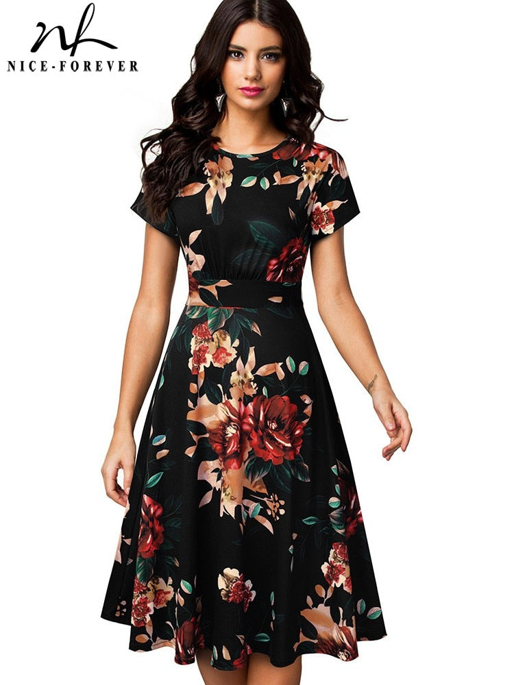 Nice-forever Vintage Elegant Floral Print Pleated Round neck vestidos A-Line Pinup Business Party Women Flare Swing Dress A102