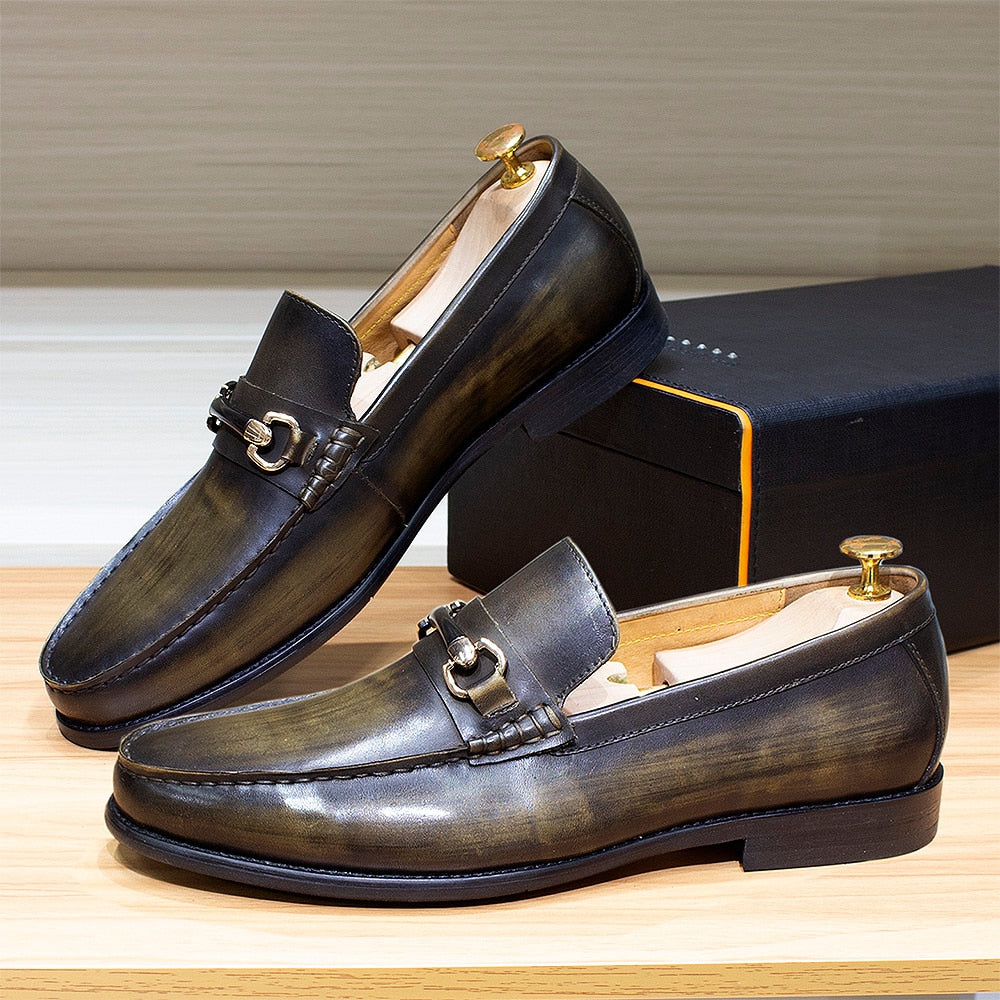 Classic Men's Loafers Genuine Leather Handmade Metal Chain Casual Business Dress Shoes Fashion Party Wedding Footwear for Men