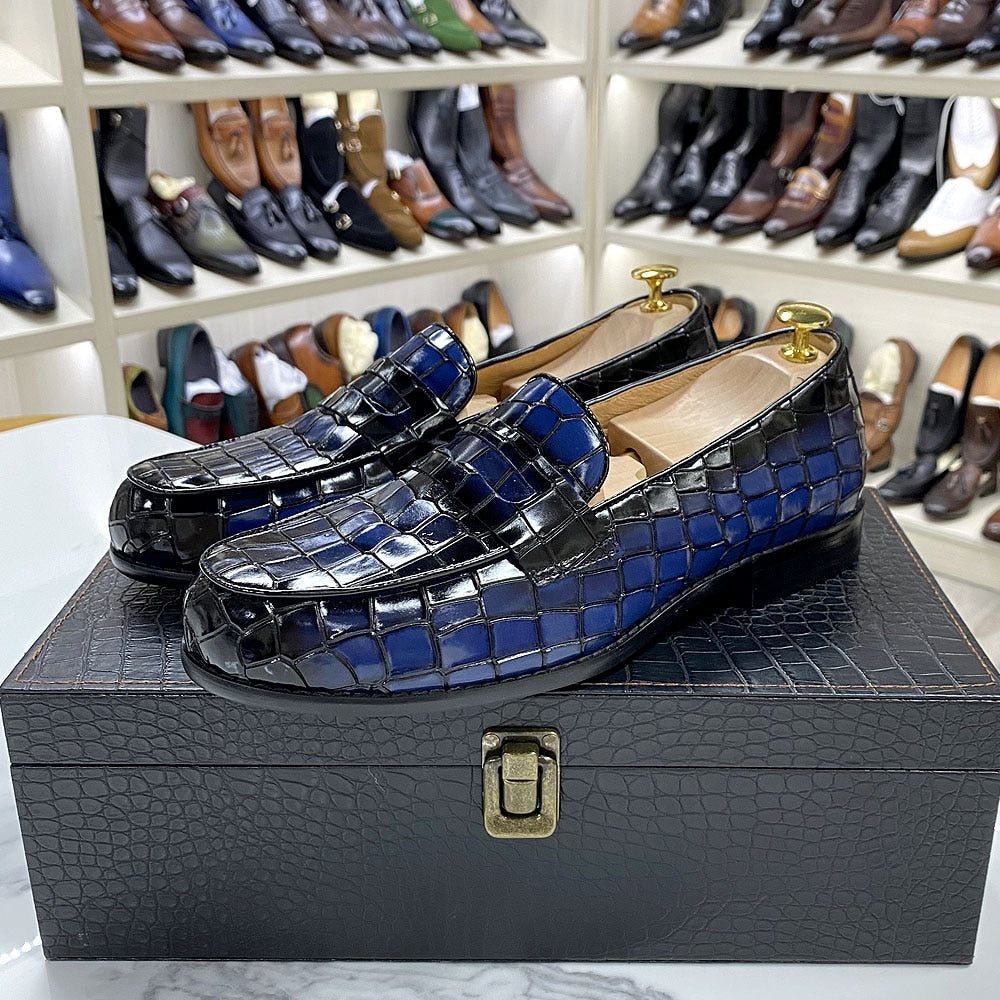 Brand Design Luxury Mens Penny Loafer Genuine Cow Leather Male Dress Shoes Round Toe Alligator Print Wedding Party Shoes for Men