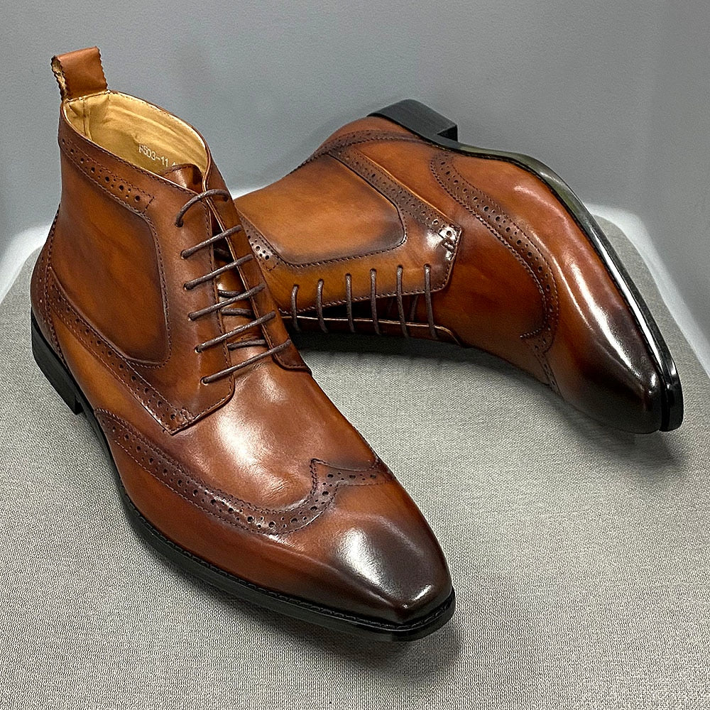 Classic Calfskin Real Leather Cowboy Boot Mens Lace Up Wingtip Pointed Toe Ankle Boots High Cut Formal Derby Shoes for Men