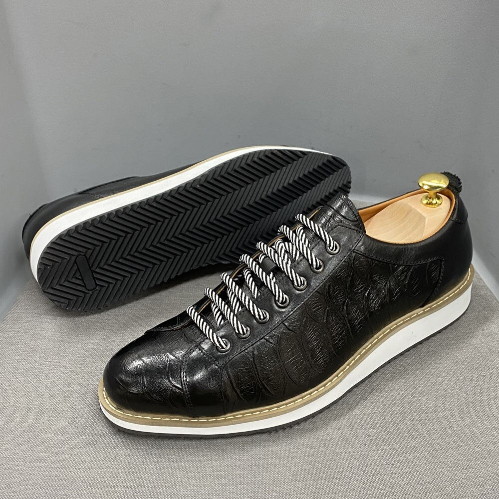 European Style Men's Casual Shoes Real Cow Leather Green Black Fashion Designer Luxury Crocodile Print Street Flat Shoes for Men