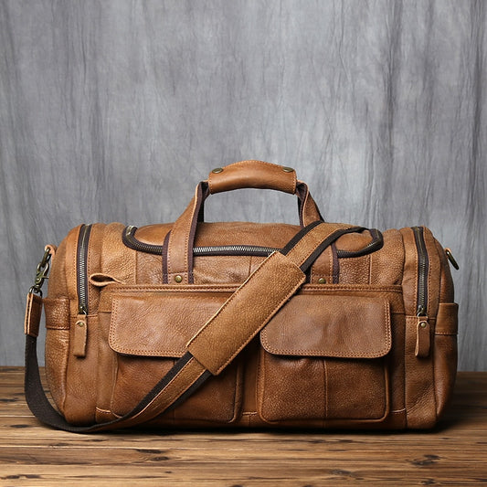 NZPJ Retro Men's Hand Luggage Bag Leather Travel Bag Top Layer Cowhide Large Capacity One Shoulder Messenger Bag Casual Laptop