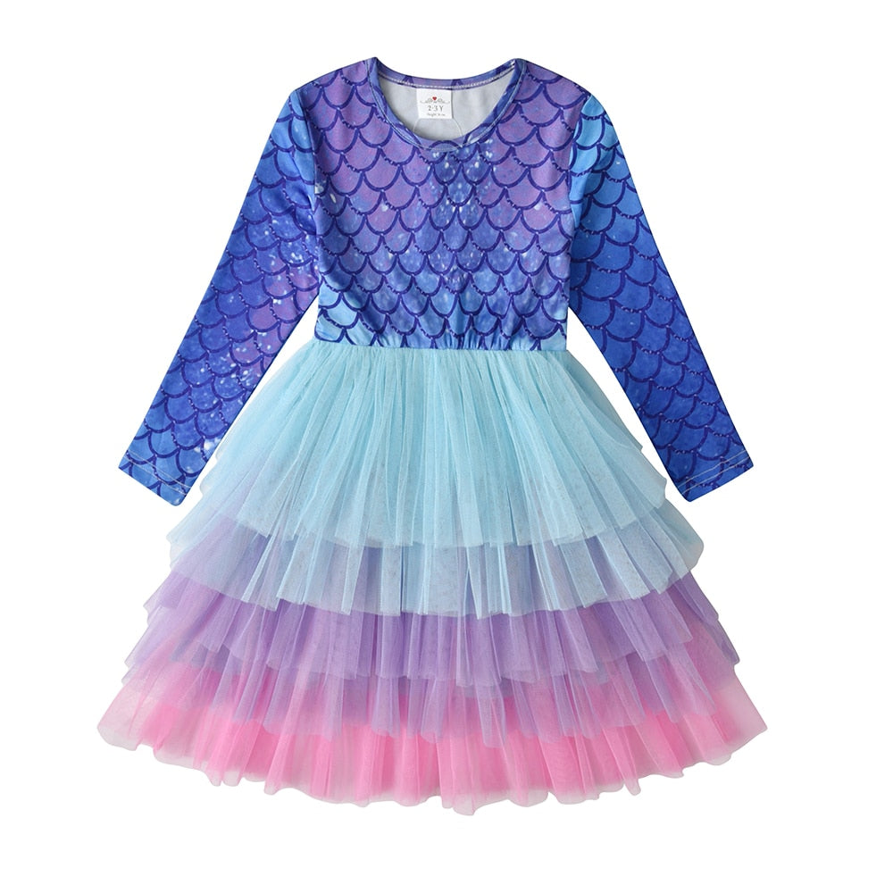 VIKITA Kids Tutu Dress for Girls Long Sleeve Party Prom Vestidos Toddlers Mermaid Unicorn Dresses Kids Princess Autumn Dress